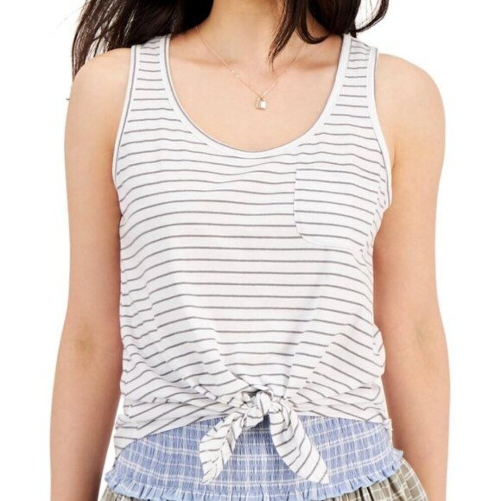 Rebellious One Juniors' Striped Tie-Hem Tank Top - White Grey Stripe, New